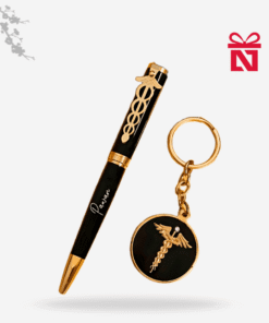 Premium doctor’s gift set with custom black-gold pen and keychain – elegant combo for medical professionals