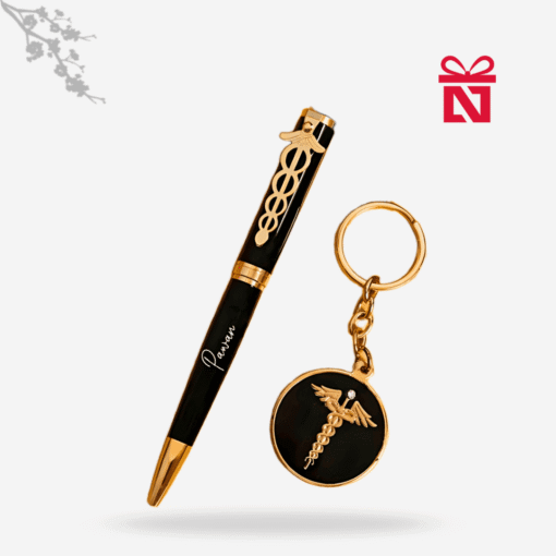 Premium doctor’s gift set with custom black-gold pen and keychain – elegant combo for medical professionals