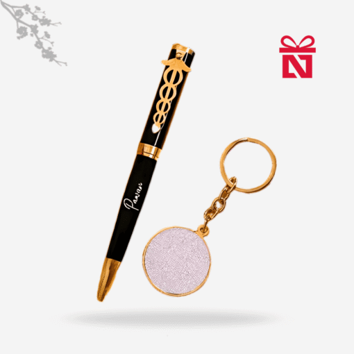 Premium doctor’s gift set with custom black-gold pen and keychain – elegant combo for medical professionals