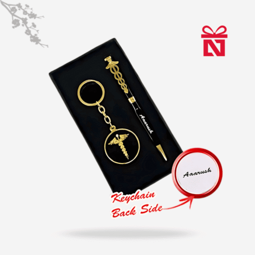 Premium doctor’s gift set with custom black-gold pen and keychain – elegant combo for medical professionals