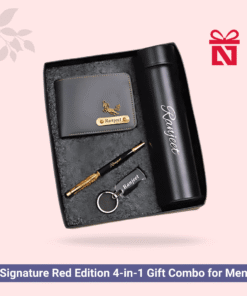Elegant gray 4-in-1 gift combo with customized wallet, pen, bottle, and keychain – perfect gift set for men