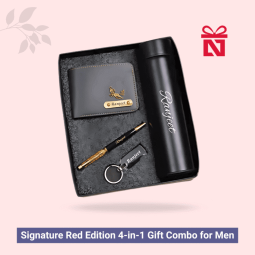 Elegant gray 4-in-1 gift combo with customized wallet, pen, bottle, and keychain – perfect gift set for men