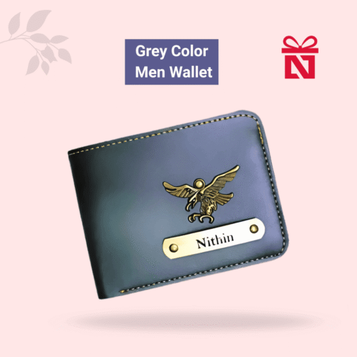 Elegant gray 4-in-1 gift combo with customized wallet, pen, bottle, and keychain – perfect gift set for men