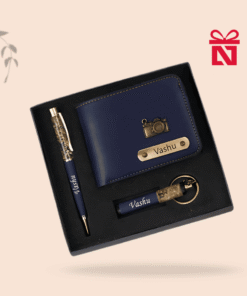 Personalized men’s wallet combo with custom name engraving – includes wallet, keychain, and pen with charm