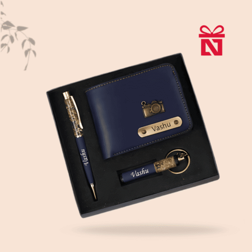 Personalized men’s wallet combo with custom name engraving – includes wallet, keychain, and pen with charm