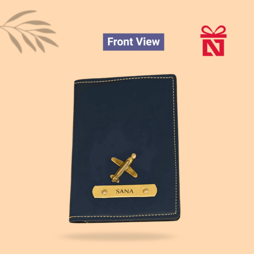 Premium navy blue passport cover personalized with name and charm – stylish travel accessory