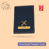 Premium navy blue passport cover personalized with name and charm – stylish travel accessory