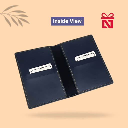 Premium navy blue passport cover personalized with name and charm – stylish travel accessory