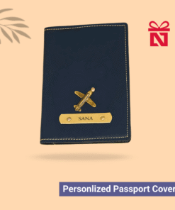 Premium navy blue passport cover personalized with name and charm – stylish travel accessory