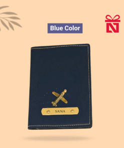 Premium navy blue passport cover personalized with name and charm – stylish travel accessory