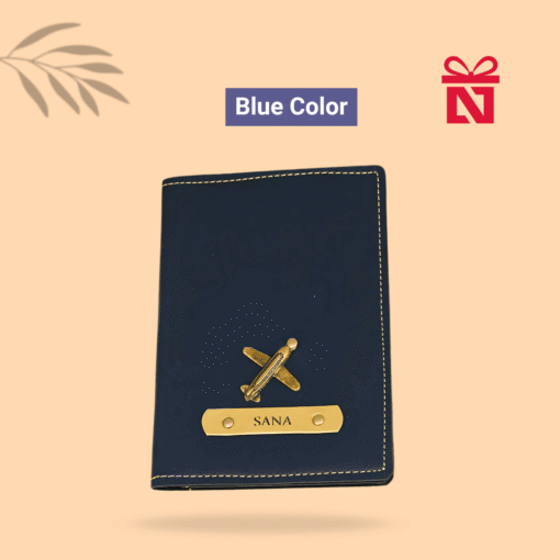 Premium navy blue passport cover personalized with name and charm – stylish travel accessory