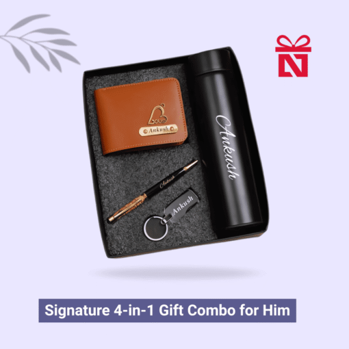Signature 4-in-1 gift combo for him – tan edition with wallet, keychain, pen, and bottle