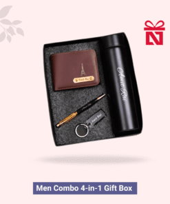 Signature brown edition 4-in-1 custom gift combo for men – includes personalized wallet, pen, keychain, and bottle