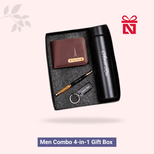 Signature brown edition 4-in-1 custom gift combo for men – includes personalized wallet, pen, keychain, and bottle