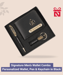 Signature men’s wallet combo in black – personalized wallet, pen, and keychain gift set