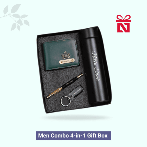 Signature olive edition 4-in-1 custom gift combo for him – includes personalized wallet, pen, keychain, and bottle