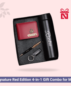 Signature red edition custom men’s gift set with personalized wallet, pen, keychain, and bottle