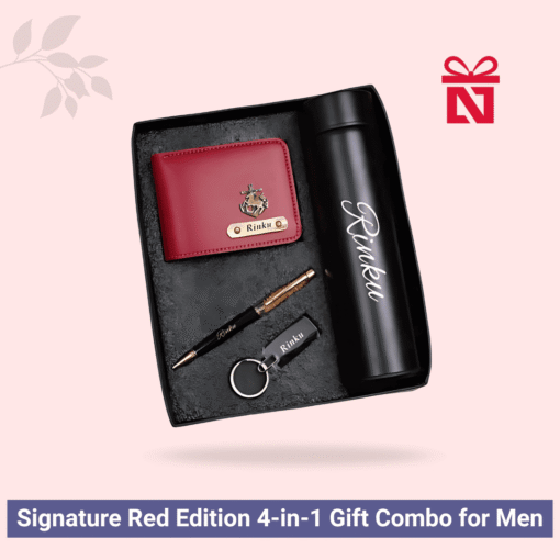 Signature red edition custom men’s gift set with personalized wallet, pen, keychain, and bottle