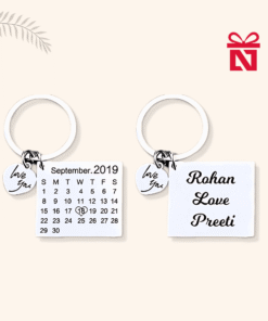 Customized metal keychain with engraved calendar and name – perfect anniversary or wedding gift