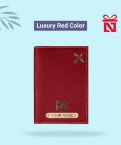Luxury red passport cover personalized with name and charm detail – travel in style with a personal touch