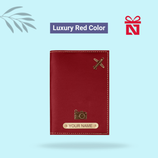Luxury red passport cover personalized with name and charm detail – travel in style with a personal touch
