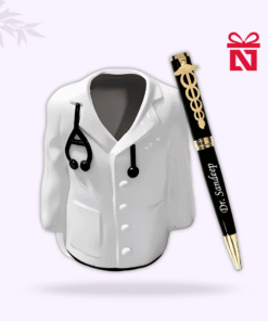 Personalized doctor’s pen with custom engraved coat-shaped pen stand – thoughtful gift for medical professionals