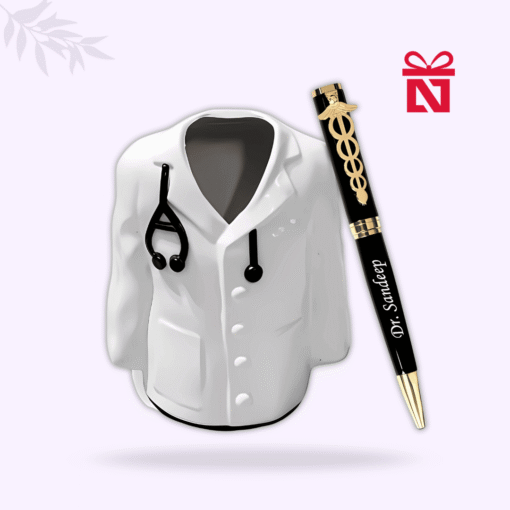 Personalized doctor’s pen with custom engraved coat-shaped pen stand – thoughtful gift for medical professionals