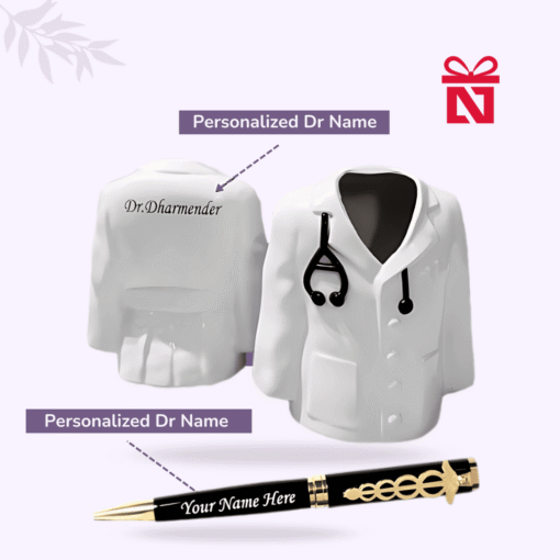 Personalized doctor’s pen with custom engraved coat-shaped pen stand – thoughtful gift for medical professionals