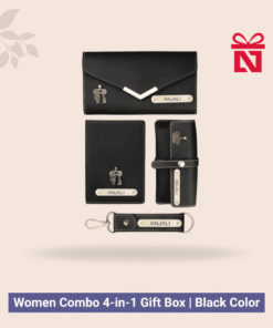 Signature personalized travel essentials set for women – includes leather clutch, passport cover, keychain, and eyewear case