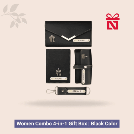 Signature personalized travel essentials set for women – includes leather clutch, passport cover, keychain, and eyewear case
