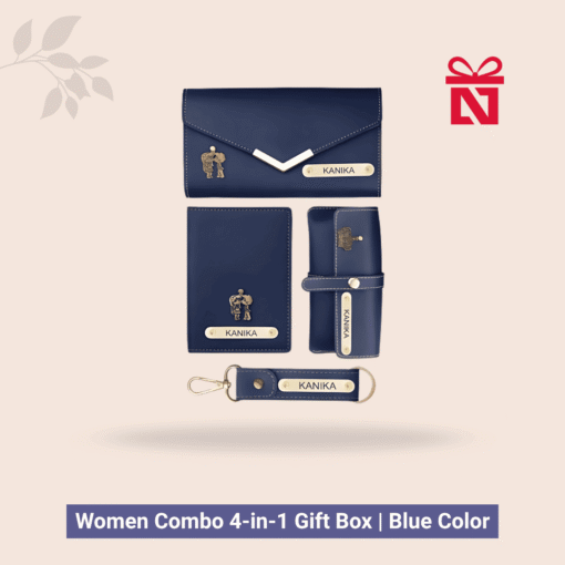 Signature personalized travel essentials set for women – includes leather clutch, passport cover, keychain, and eyewear case