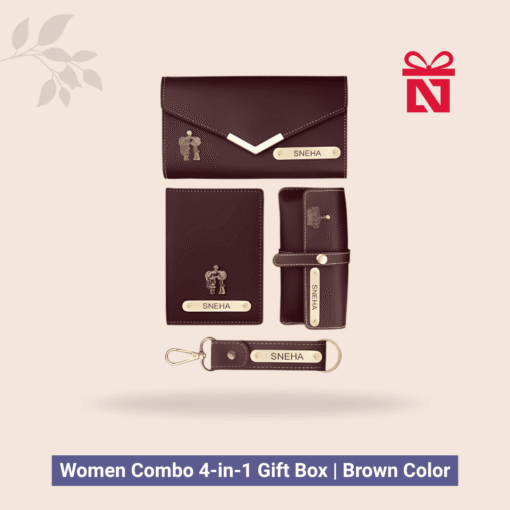 Signature personalized travel essentials set for women – includes leather clutch, passport cover, keychain, and eyewear case