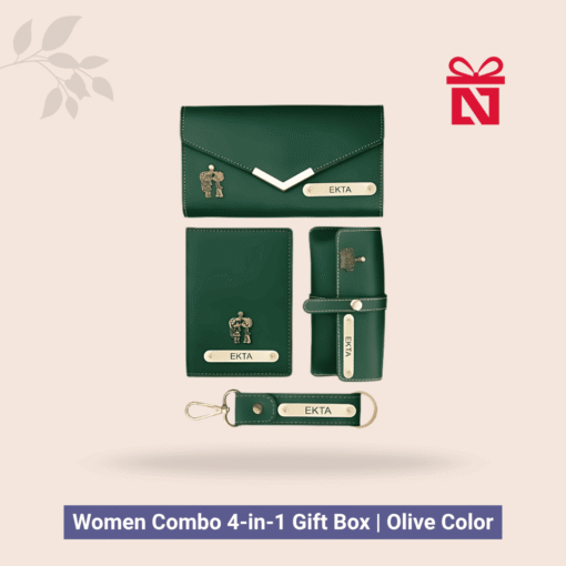 Signature personalized travel essentials set for women – includes leather clutch, passport cover, keychain, and eyewear case