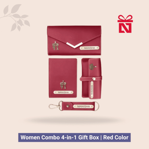 Signature personalized travel essentials set for women – includes leather clutch, passport cover, keychain, and eyewear case