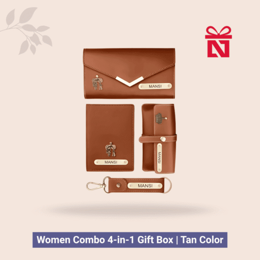 Signature personalized travel essentials set for women – includes leather clutch, passport cover, keychain, and eyewear case