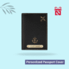 Premium black passport cover personalized with name and charm – sleek and elegant travel essential