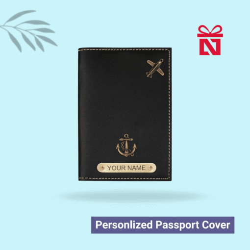 Premium black passport cover personalized with name and charm – sleek and elegant travel essential