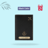Premium black passport cover personalized with name and charm – sleek and elegant travel essential