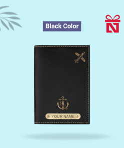 Premium black passport cover personalized with name and charm – sleek and elegant travel essential