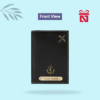 Premium black passport cover personalized with name and charm – sleek and elegant travel essential