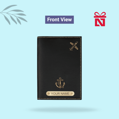 Premium black passport cover personalized with name and charm – sleek and elegant travel essential