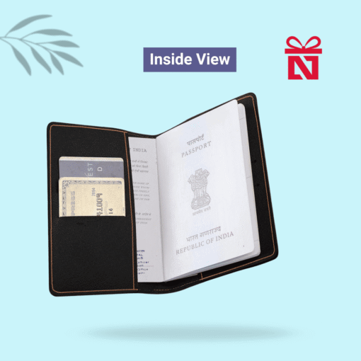 Premium black passport cover personalized with name and charm – sleek and elegant travel essential