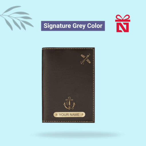 Signature grey passport cover personalized with name and charm – stylish and functional travel accessory