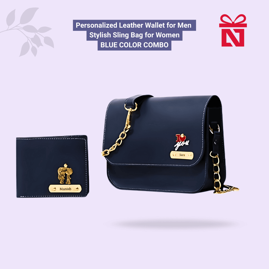 Blue Personalized Leather Wallet For Men And Stylish Sling Bag For Women Personalized Gift Set