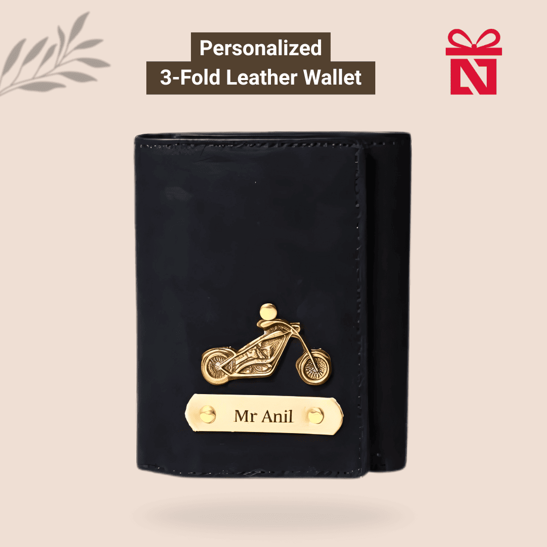Black Personalized Men’S 3 Fold Leather Wallet Customized Slim Wallet With Name & Charm