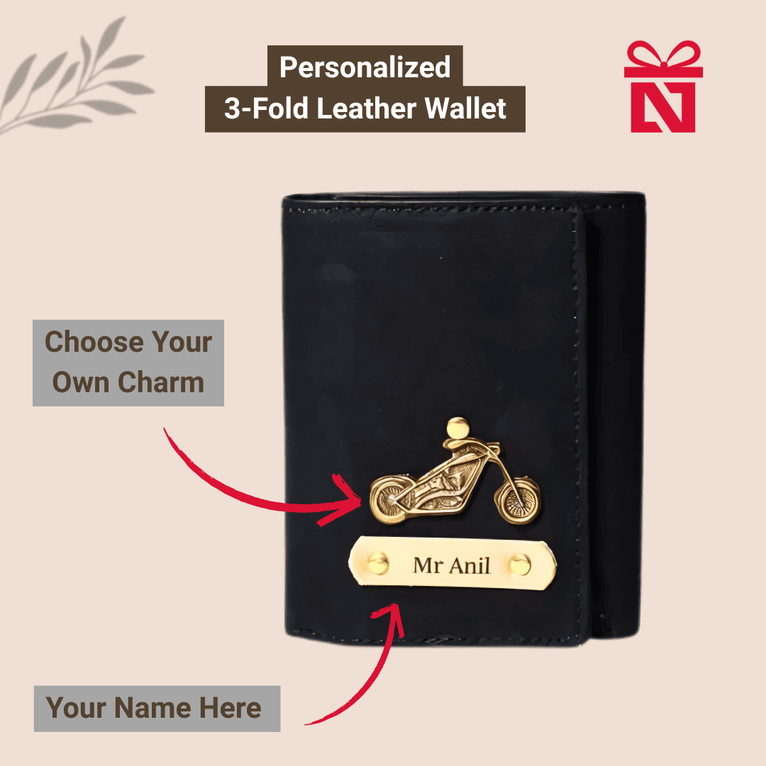Black Personalized Men’S 3 Fold Leather Wallet Customized Slim Wallet With Name & Charm