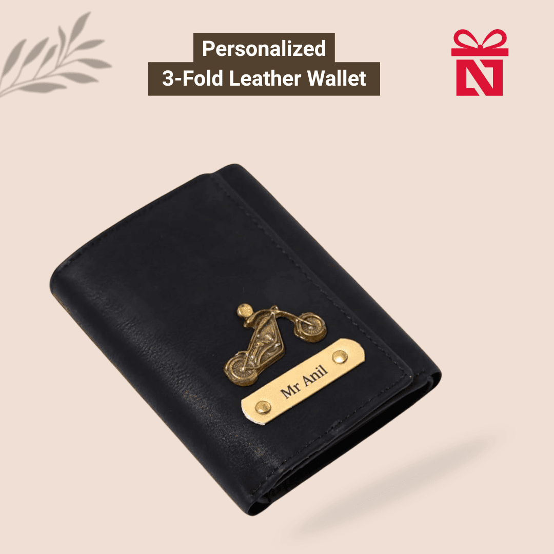 Black Personalized Men’S 3 Fold Leather Wallet Customized Slim Wallet With Name & Charm
