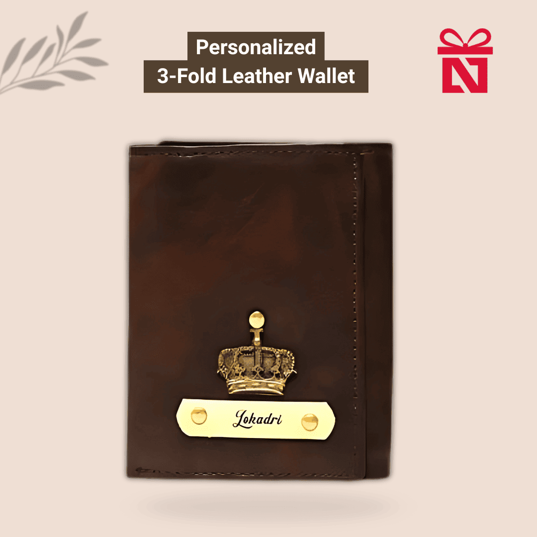 Brown Personalized Men’S 3 Fold Leather Wallet Customized Slim Wallet With Name & Charm