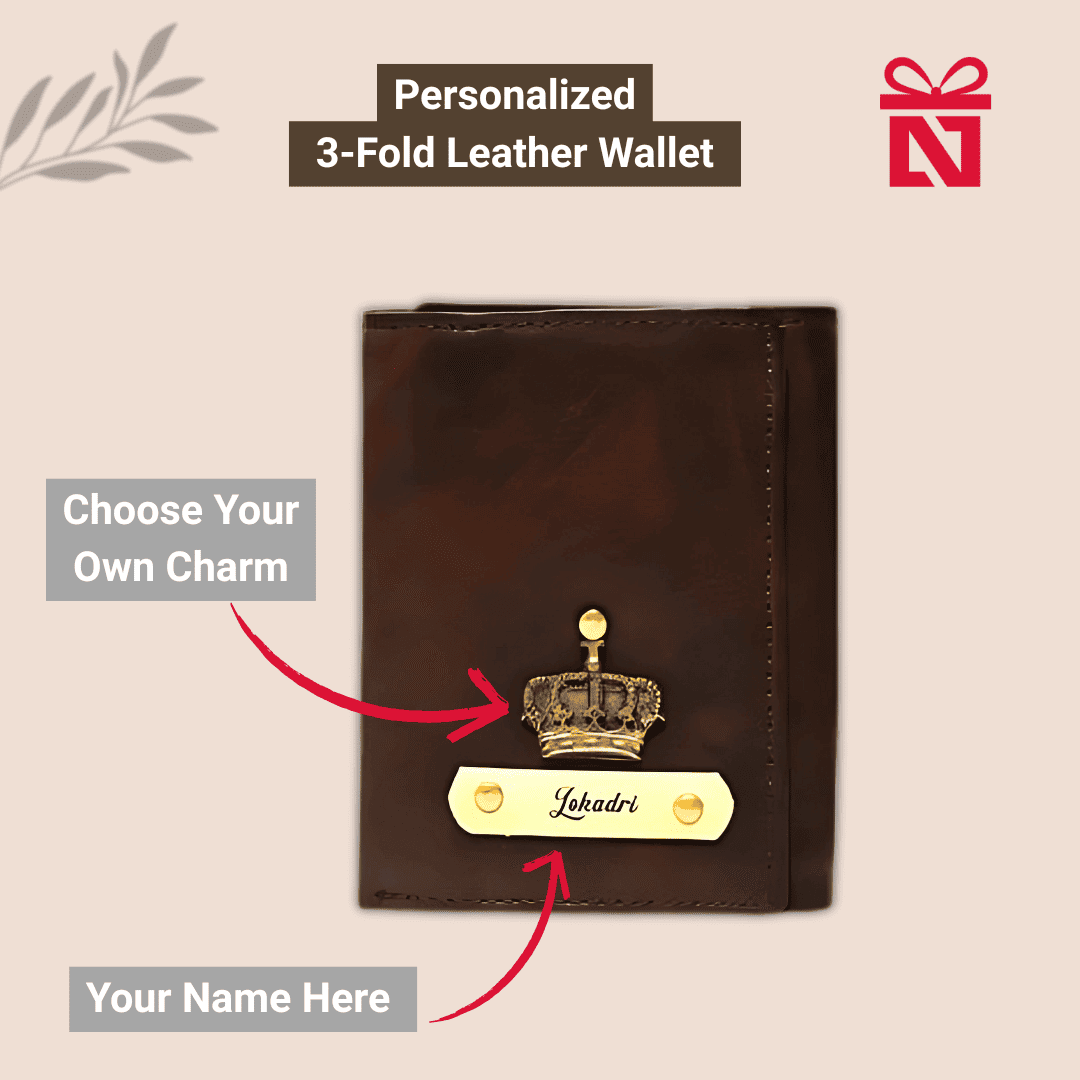 Brown Personalized Men’S 3 Fold Leather Wallet Customized Slim Wallet With Name & Charm